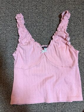 BDG Pink Ribbed Lace-Trim Tank Top